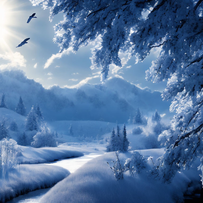 Snow-covered trees and river in serene winter landscape