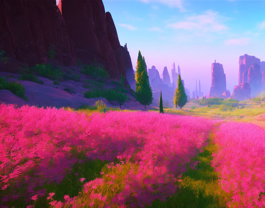 Colorful landscape with pink grass, green trees, and red rocks under purple sky