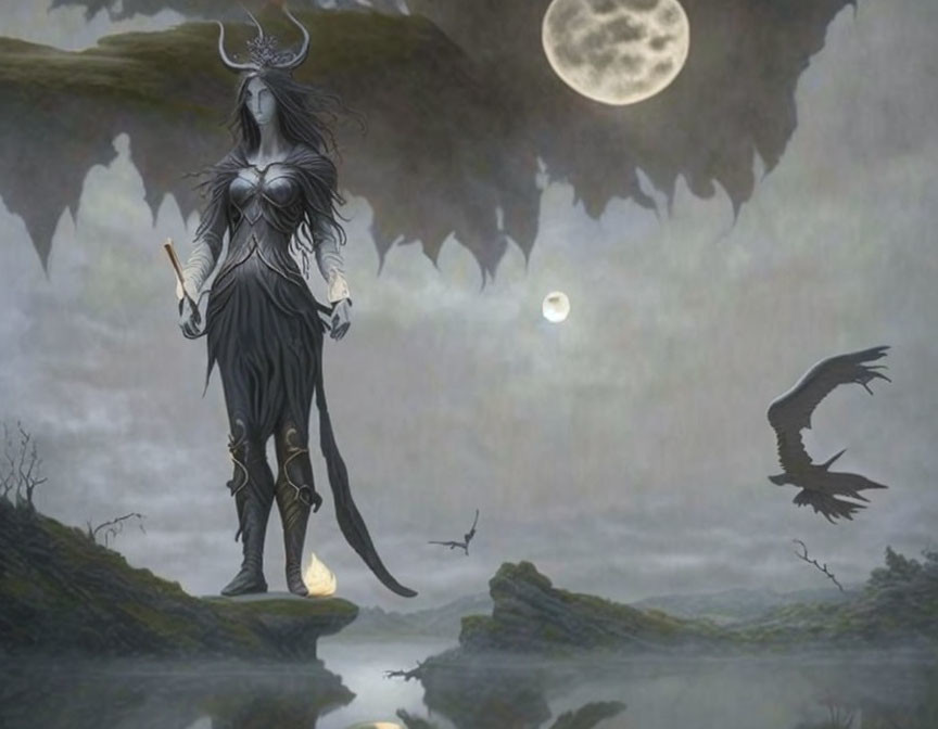 Mystical figure with horns and staff by calm lake under moonlit sky