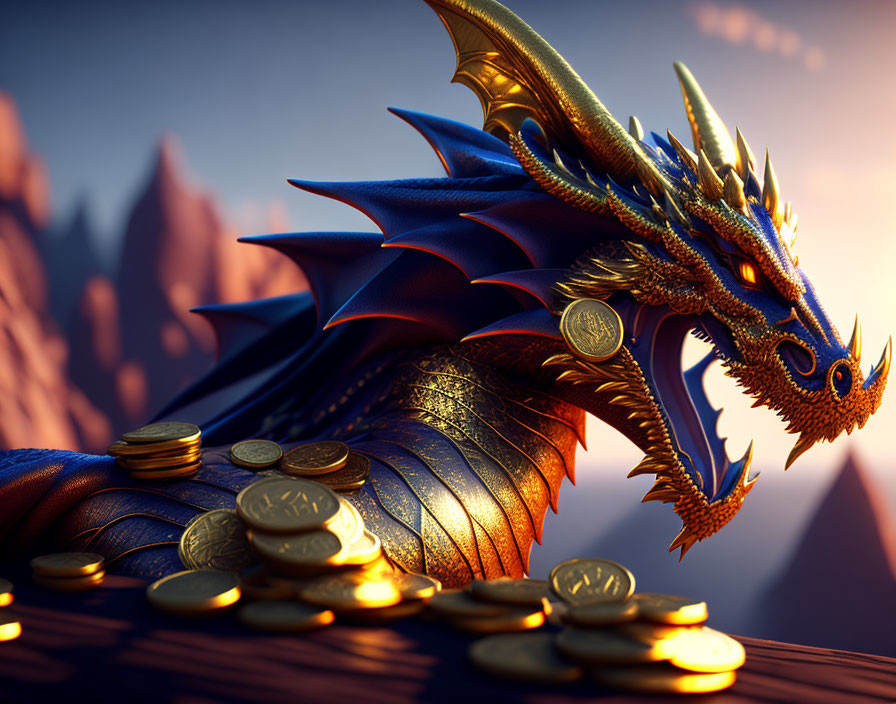 Blue and Gold Dragon Guarding Gold Coins in Mountainous Landscape
