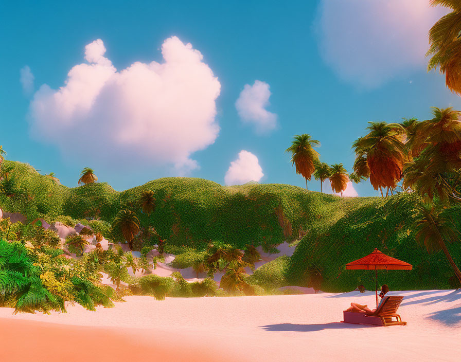 Tranquil tropical beach scene with lone person under red sunshade