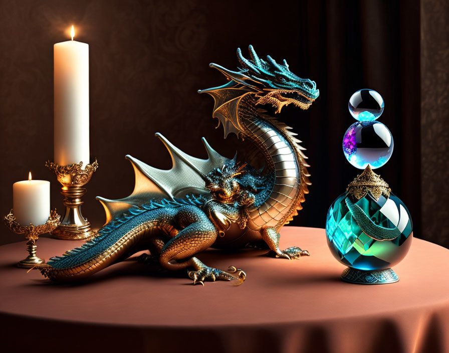 Metallic blue dragon figurine with lit candle and mystical orbs in decorative scene