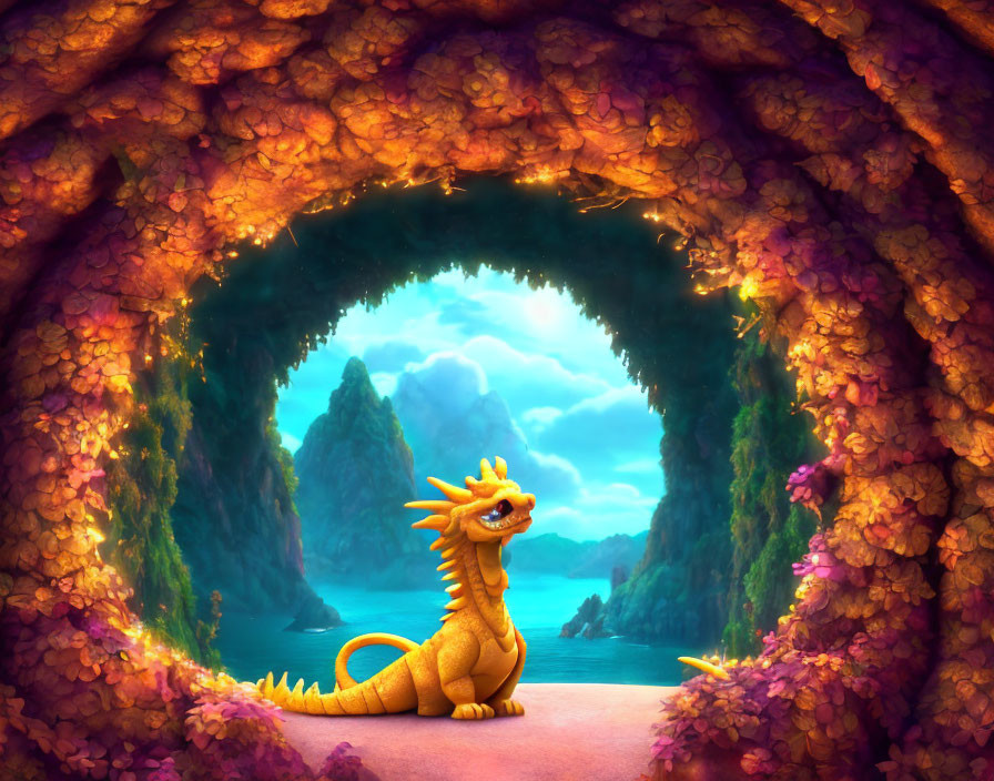 Golden animated dragon in floral cave with mountain view