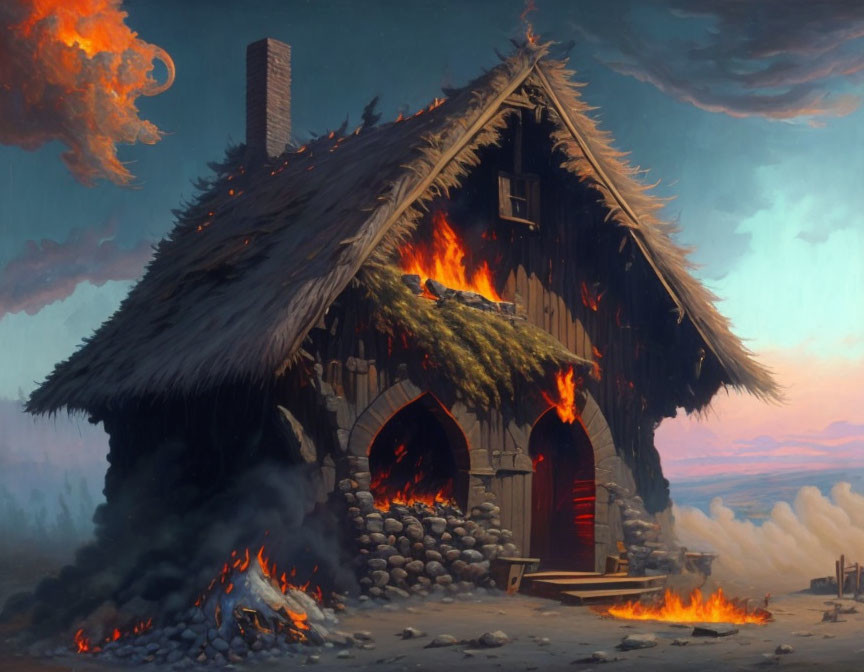 Thatched-roof cottage fire with dramatic sky and meteor