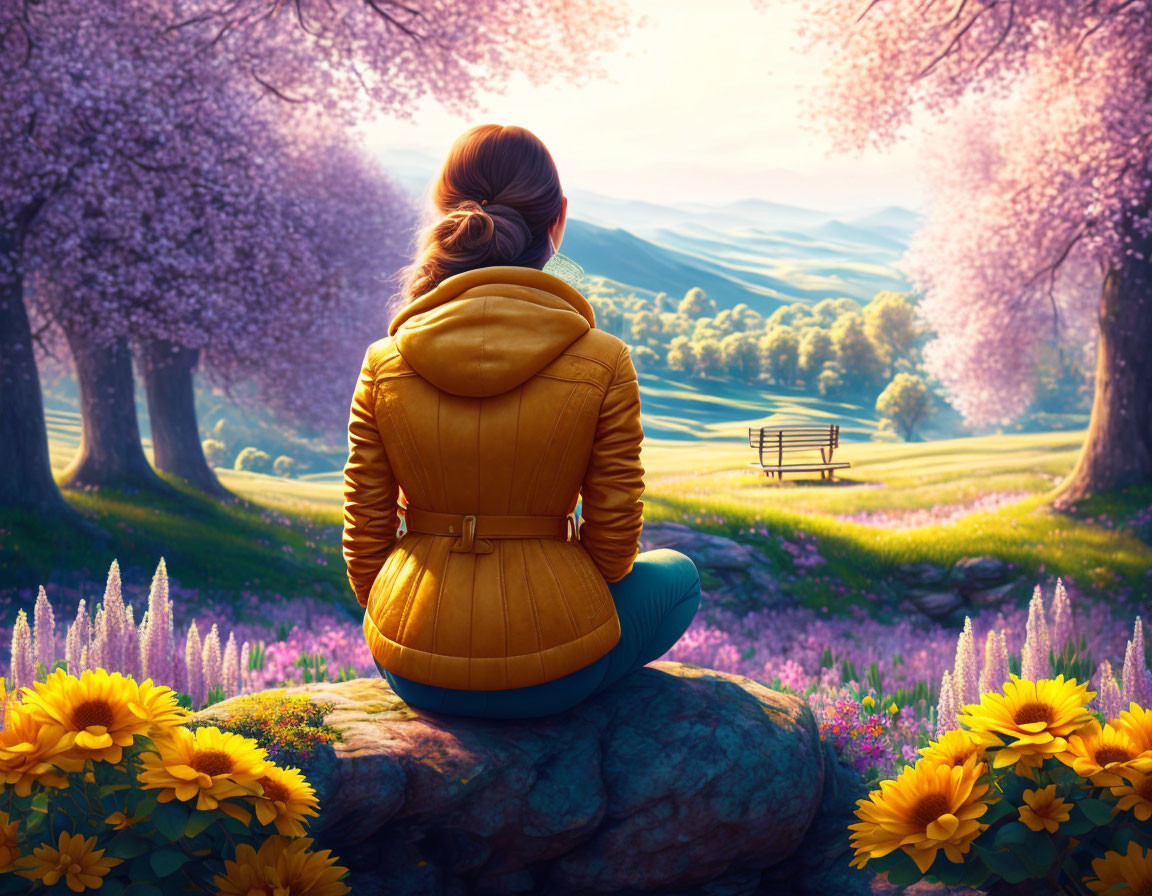 Person in yellow jacket admires blooming purple trees and green hills at dawn/dusk.