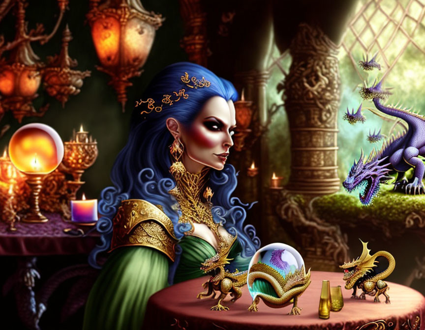 Regal woman with blue skin in gold attire surrounded by dragons and crystal ball in mystical garden.