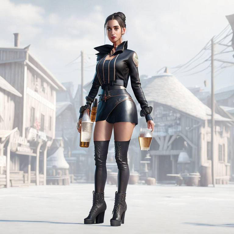 Steampunk-inspired female character with beer steins in snowy street