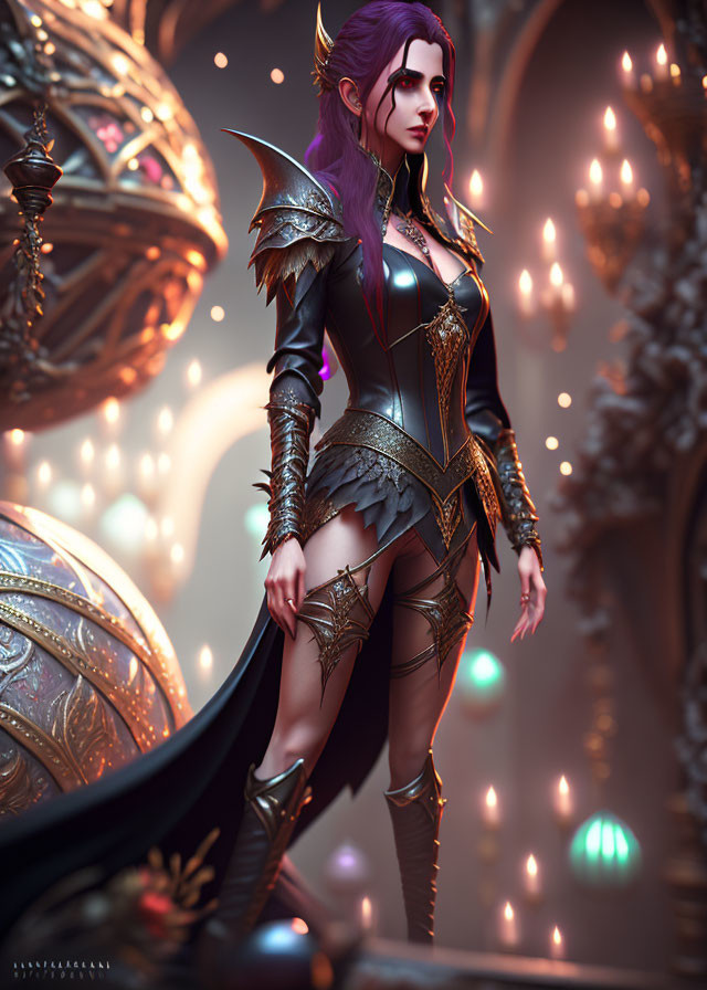 Purple-haired female warrior in black and gold armor in mystical setting