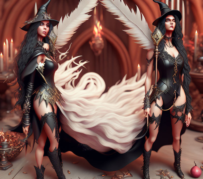 Symmetrical fantasy witches in black and gold outfits in candlelit room