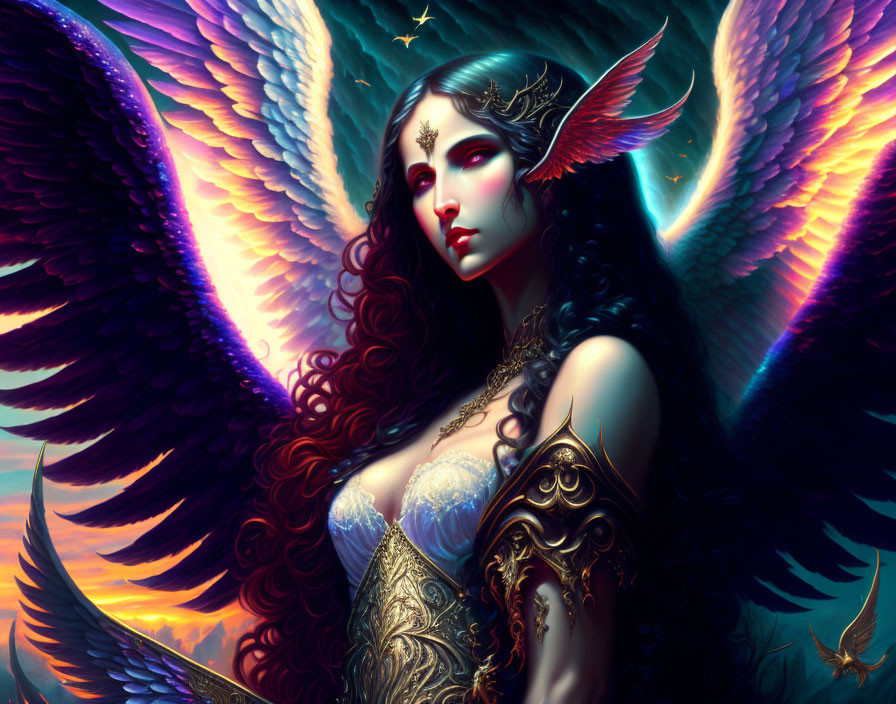 Fantastical winged woman in ornate armor with iridescent blue and purple feathers.