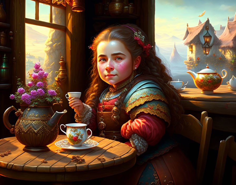 Young girl in medieval dress with teacup and teapot in whimsical village setting