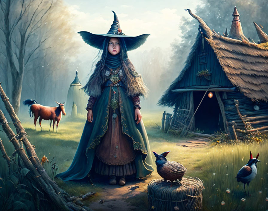 Young witch in mystical forest with goat and birds at wooden hut