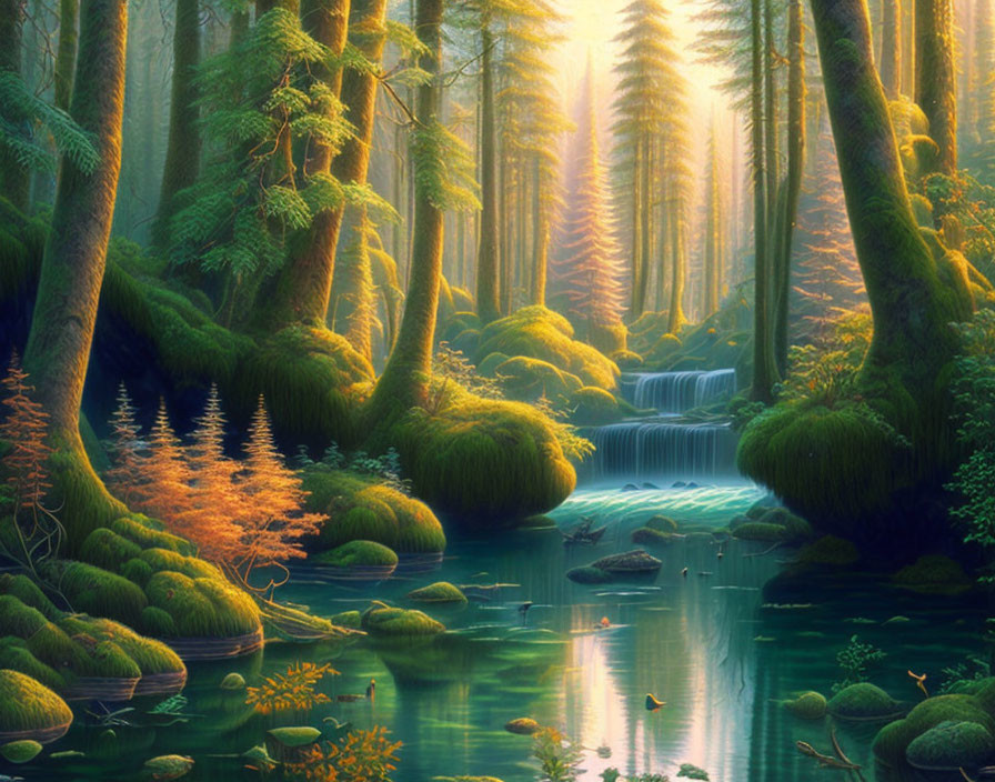 Tranquil forest scene with moss-covered stones and waterfall