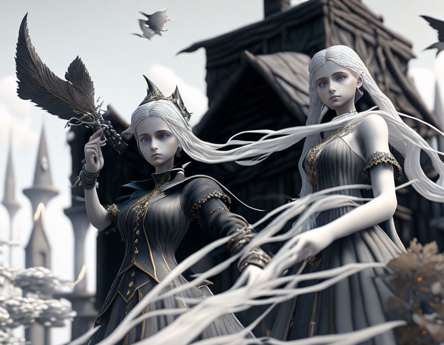 Stylized female fantasy characters in elaborate black and gold dresses with pale skin and long white hair in