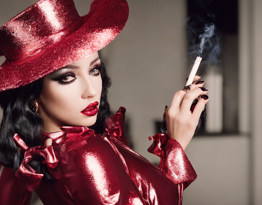 Woman in Glittering Red Outfit and Hat with Bold Makeup Holding Cigarette