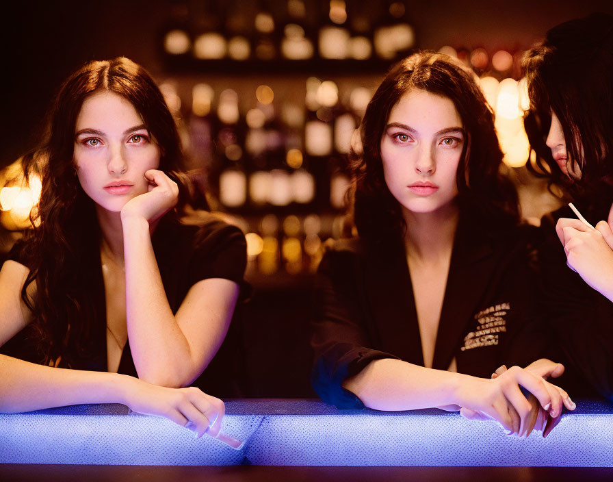 Woman in black blazer mirroring reflection at bar with blurred shelves