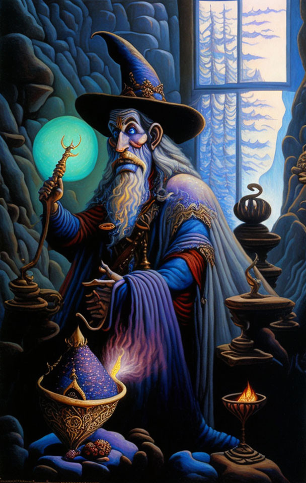 Illustrated wizard in blue robe with glowing staff in mystical room
