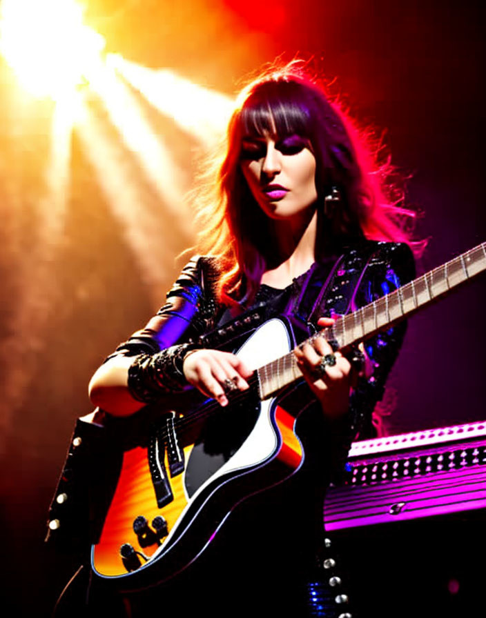 Female musician with guitar performs under dramatic lighting