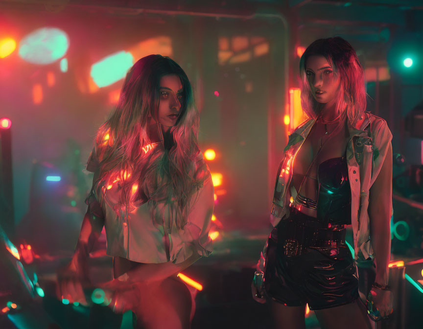 Two women in edgy outfits surrounded by vibrant neon lights