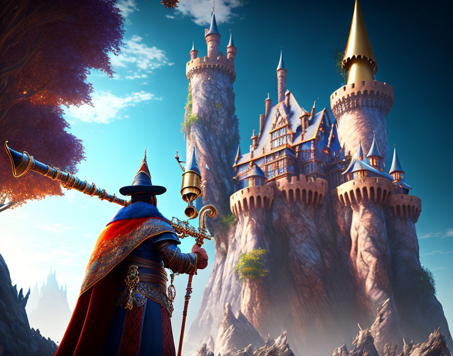 Wizard in Blue Hat and Red Cloak at Majestic Castle on Rock Formation