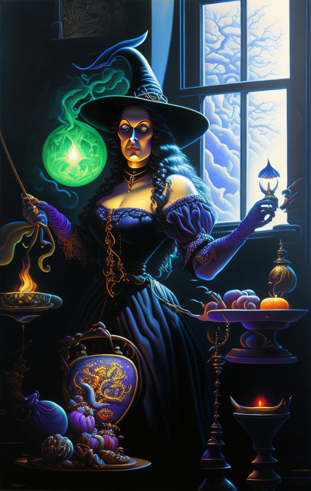 Enchanting witch casting spell with orb in moonlit night.