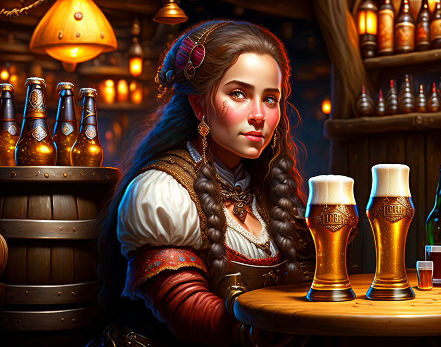 Digital artwork: Woman in traditional attire with braided hair at bar with three pints of beer,