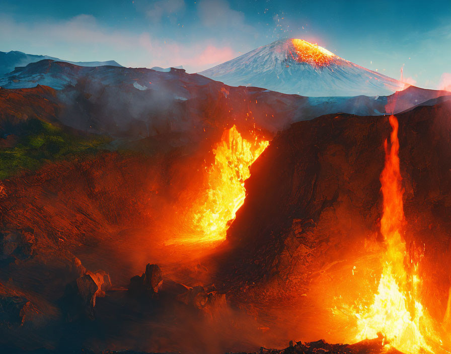 Volcanic eruption with flowing lava and snow-capped volcano in twilight sky