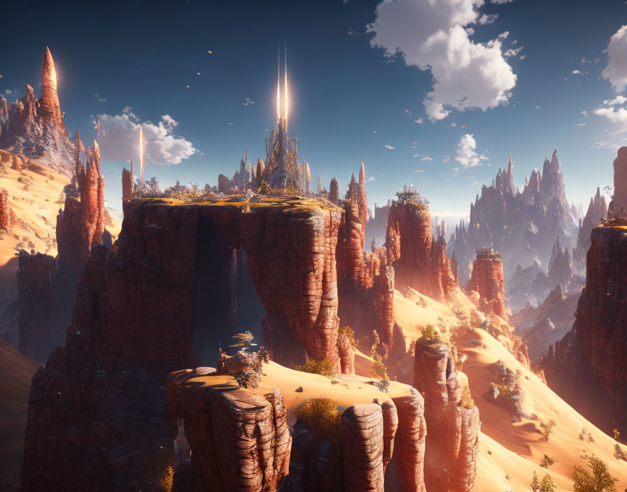 Majestic rock formations under clear blue sky with towering spire emitting light