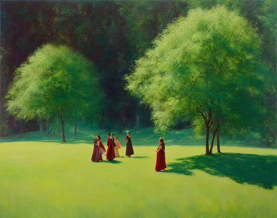 Group of People in Period Attire Gather in Lush Green Meadow