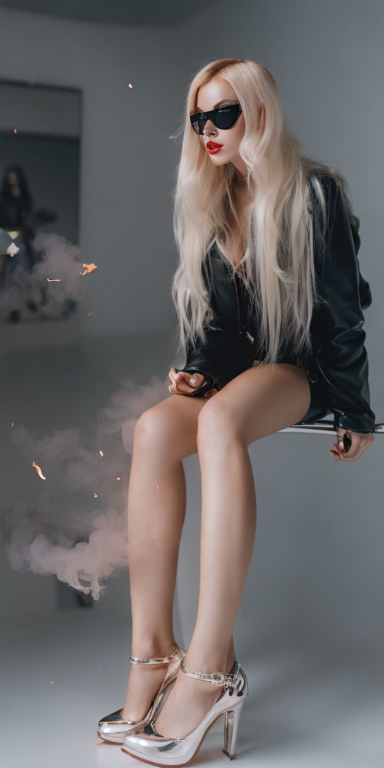 Fashionable woman with sparkler in black jacket and sunglasses against grey backdrop.