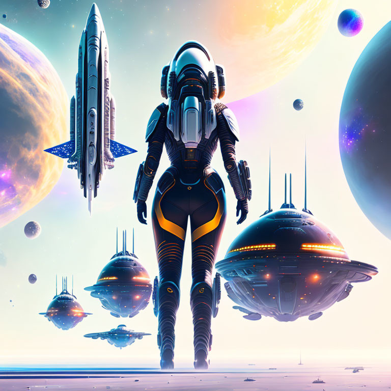 Futuristic astronaut in cosmic setting with planets and spaceships