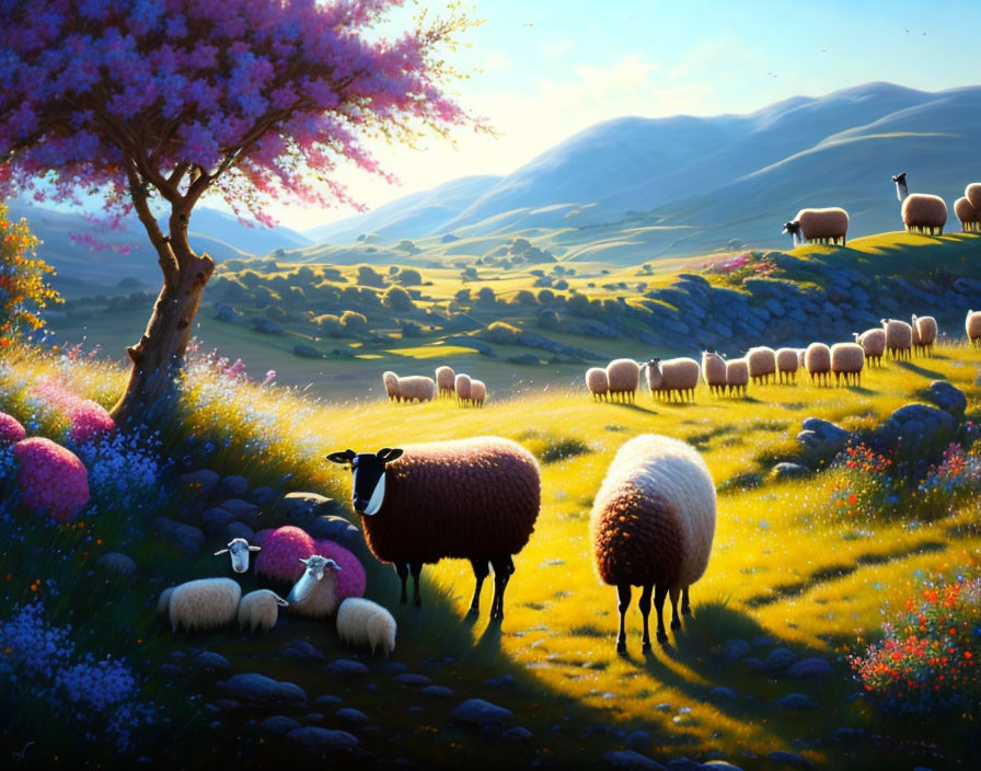 Colorful pastoral scene: sheep grazing in flowery meadow under pink blossomed tree