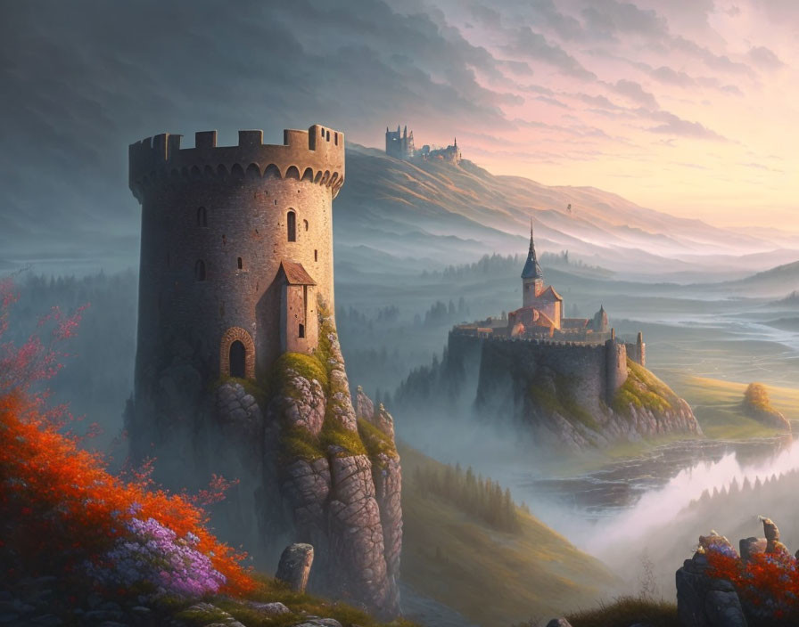 Stone castle on river edge in misty sunrise landscape