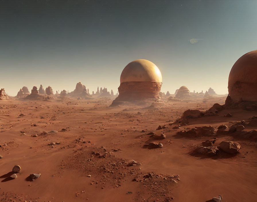 Reddish Martian landscape with dome structures and distant planet.