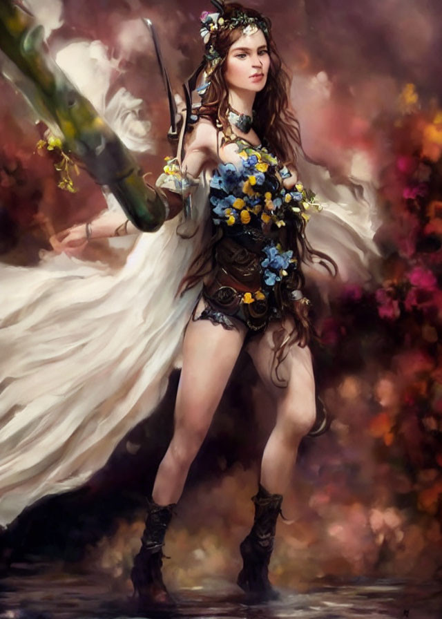 Fantasy female warrior in floral crown and armor with sword in vibrant floral setting