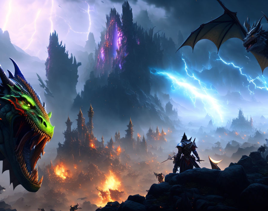 Fantasy warrior confronts dragon in lightning-filled landscape