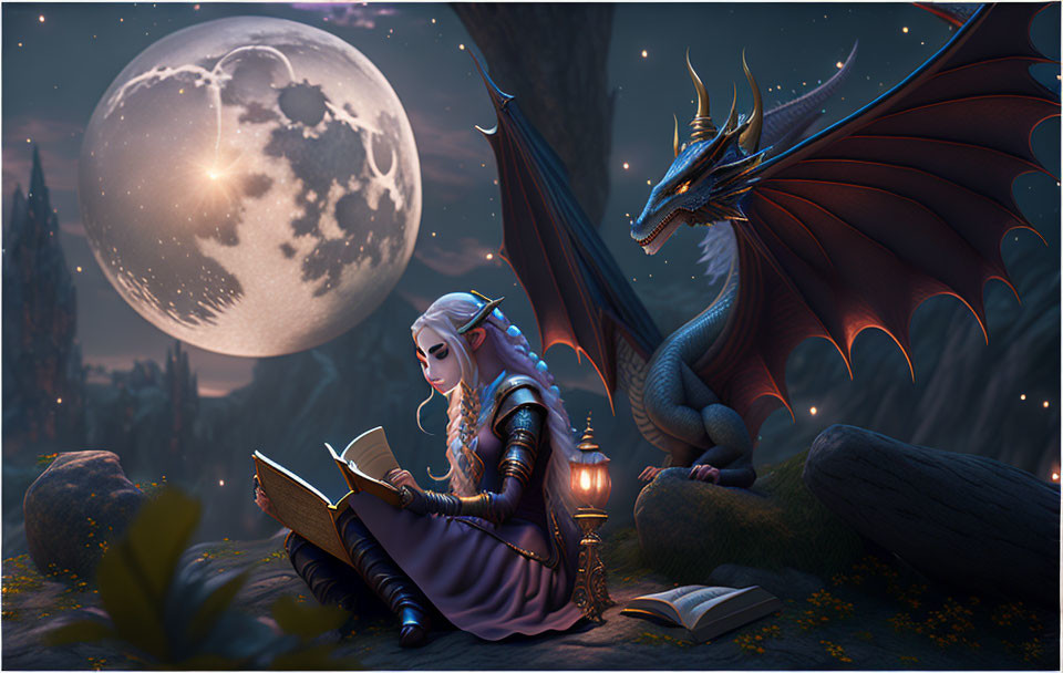 Elf reading book by lantern light with dragon under full moon