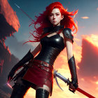 Warrior woman digital artwork: red hair, black armor, pink sword, dramatic sky