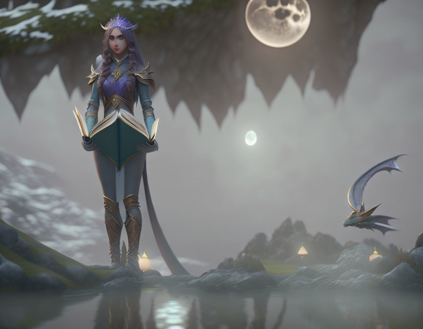 Female elf with book by mystical lake and floating dragons