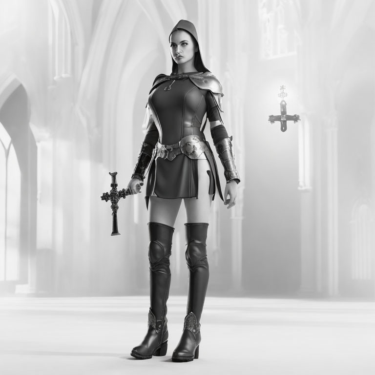 Medieval-inspired fantasy woman in church with cross.