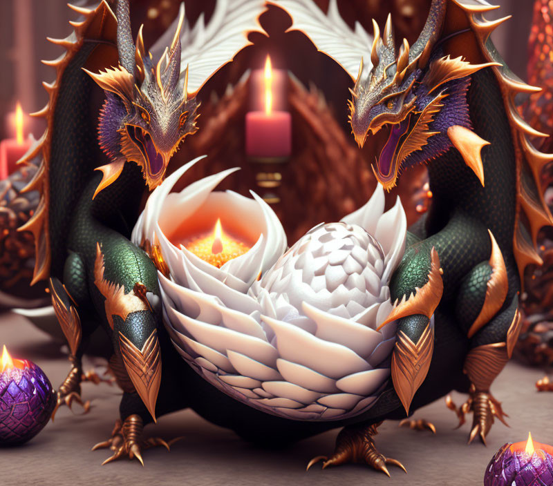 Fantasy scene with dragons, candle-lit egg, and colorful eggs