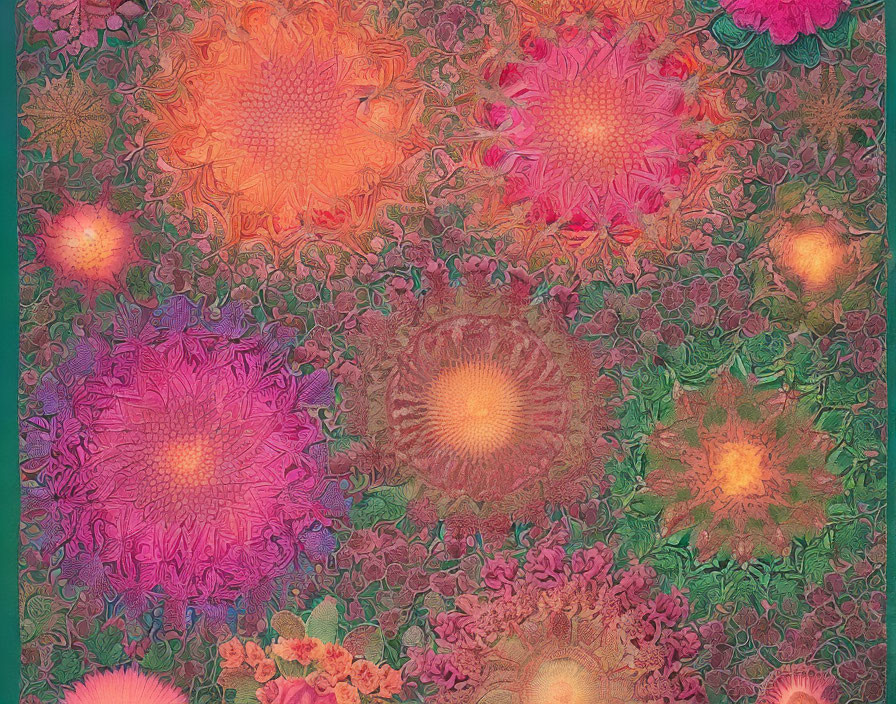 Colorful Abstract Floral Pattern in Orange, Pink, and Purple on Green Background