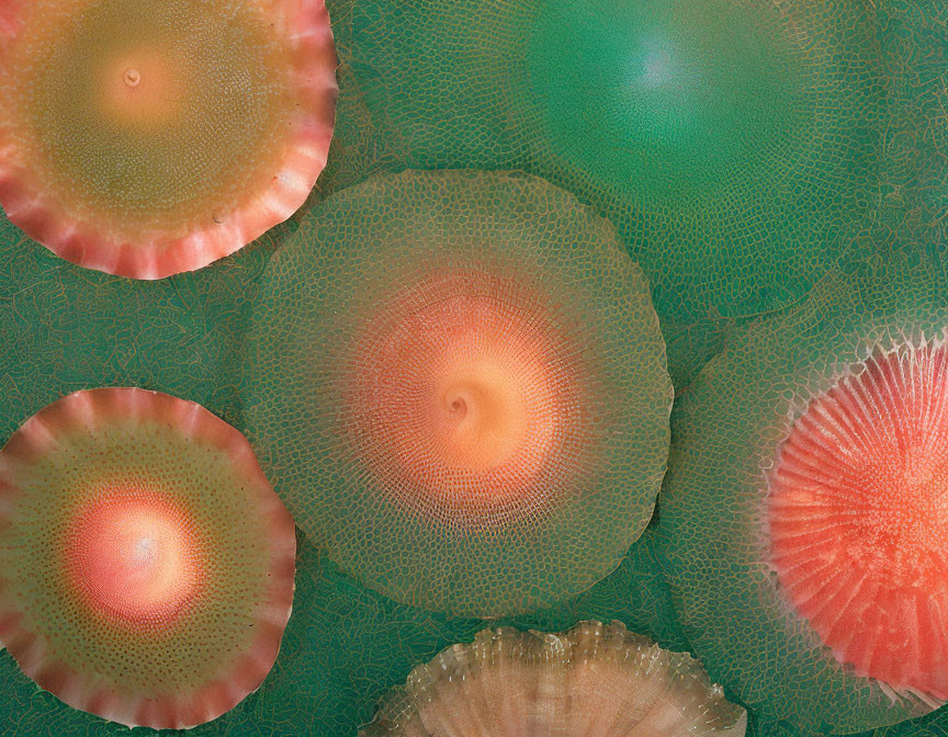 Circular diatom patterns in green, pink, and orange overlap on textured background