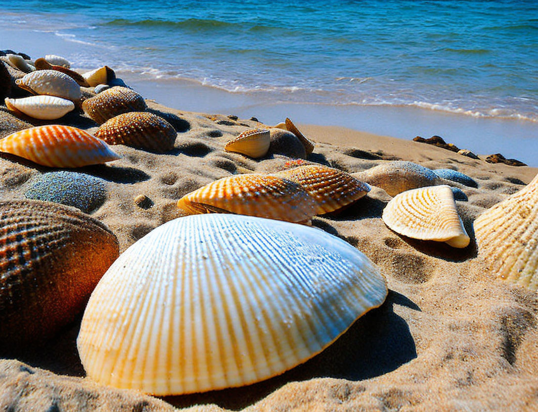 Seashells on sandy beach with ocean waves