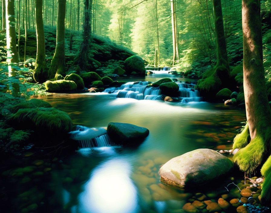 Tranquil forest stream with moss-covered rocks and lush greenery