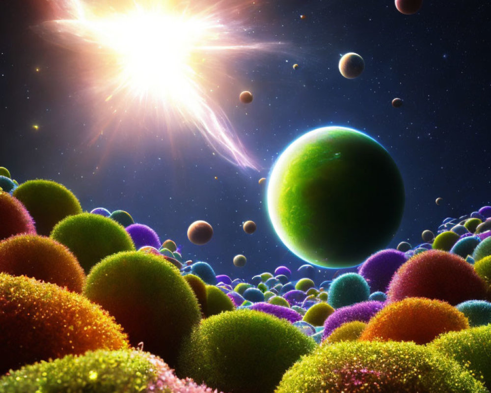 Colorful Cosmic Scene with Starburst and Textured Spheres