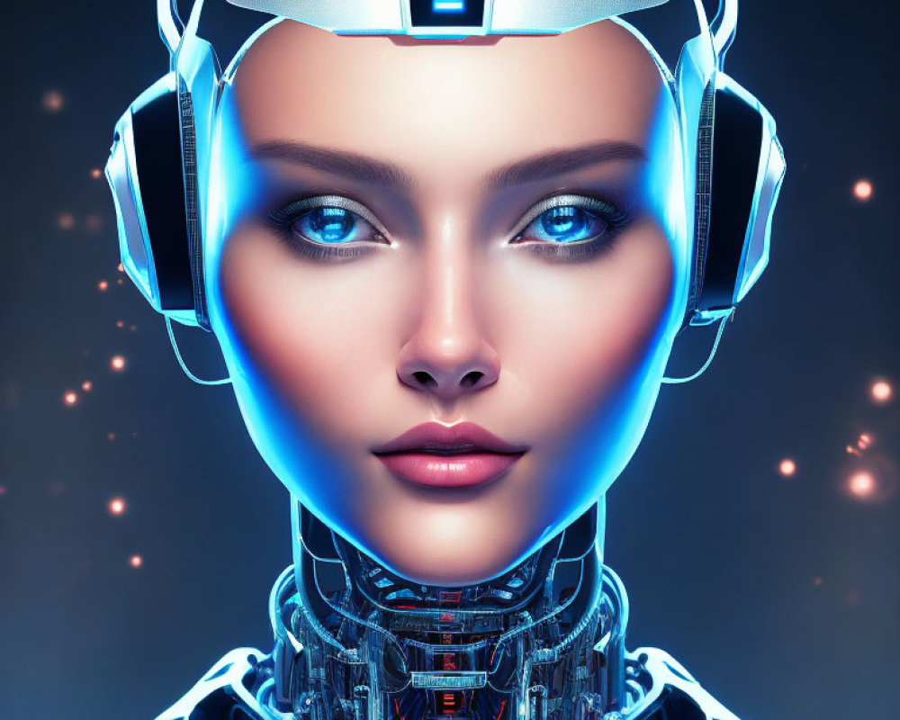 Detailed Photorealistic Female Android with Metallic Structure and Blue Glowing Elements