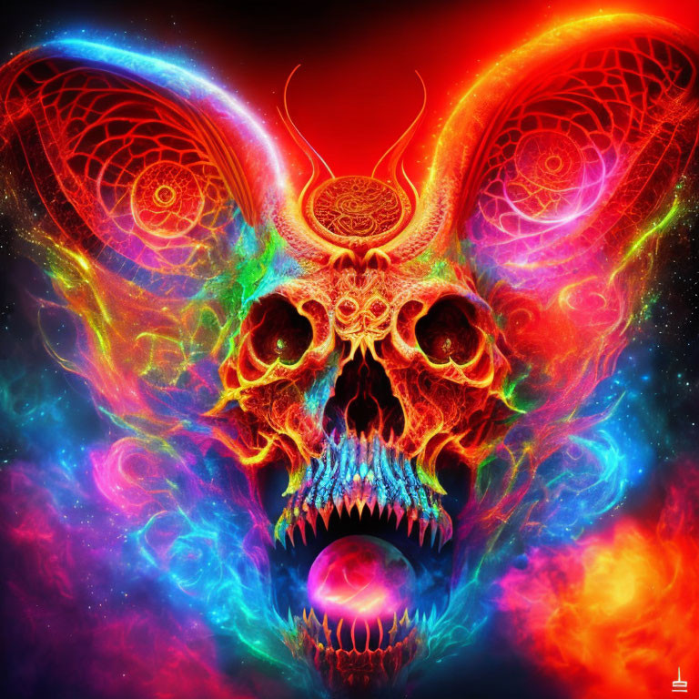 Colorful Psychedelic Skull with Butterfly Wings on Cosmic Background