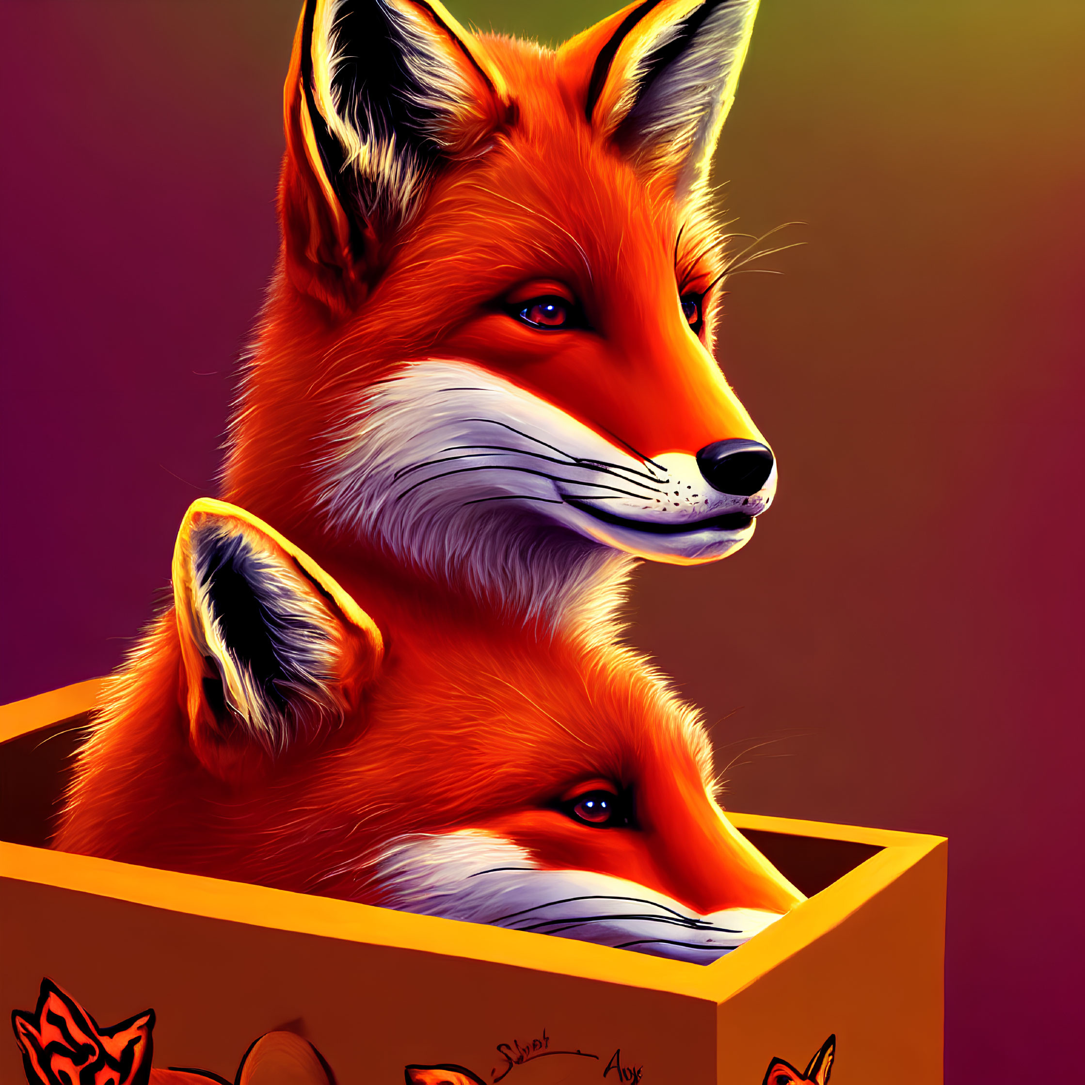 Vibrant digital artwork of two foxes in warm colors