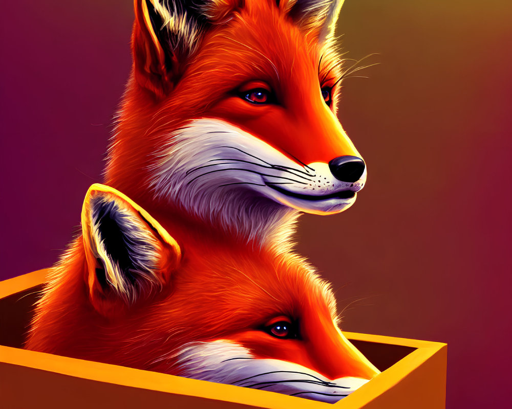 Vibrant digital artwork of two foxes in warm colors